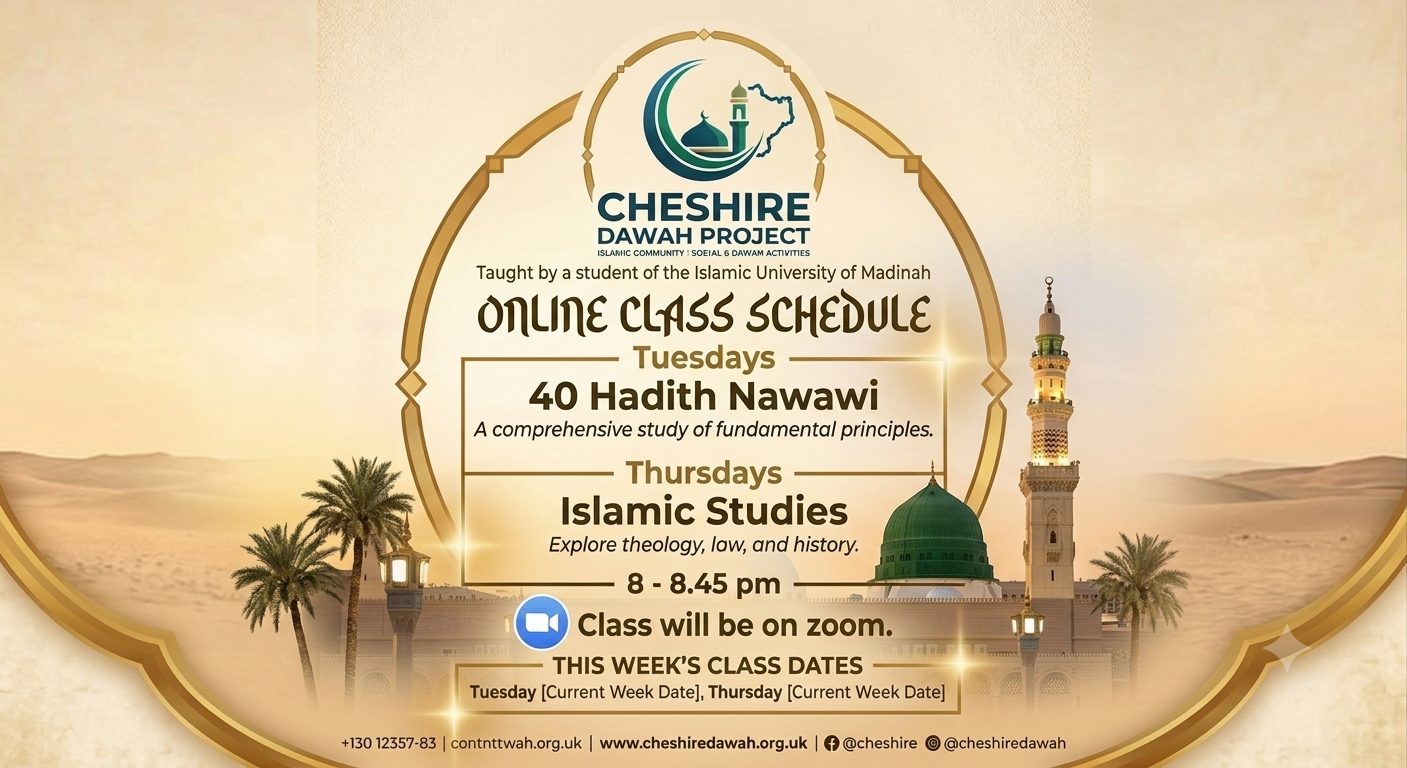 Cheshire Dawah Project event poster featuring the current class schedule